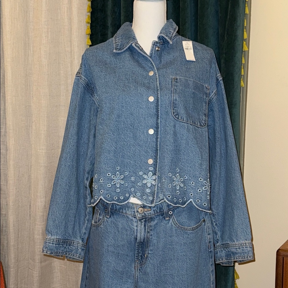 Old Navy Blue Denim Jacket with Floral Embroidery
